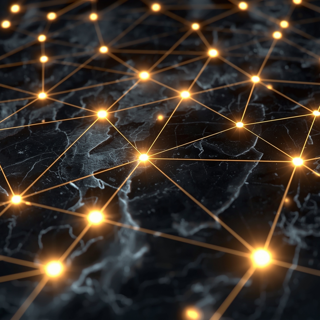 Glowing interconnected network grid over a dark marble surface representing technology consulting. No humans.